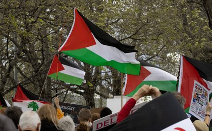 A big group of people at a rally. Some are holding Palestinian flags.