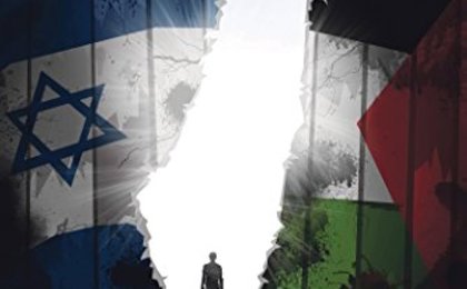 An illustration of a person walking through a gap in the shape of Palestine where the apartheid wall is broken. One side of the wall shows an israeli flag, the other side shows a Palestinian flag.