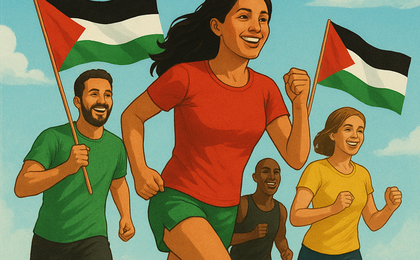 illustration of people running with Palestinian flags