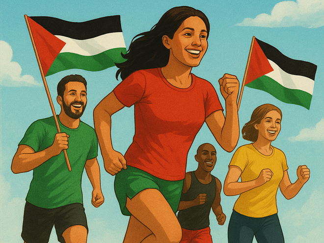 illustration of people running with Palestinian flags