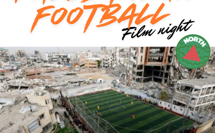 Photo of a soccer ground surrounded by rubble. Text reads Palestinian Football Film Night.