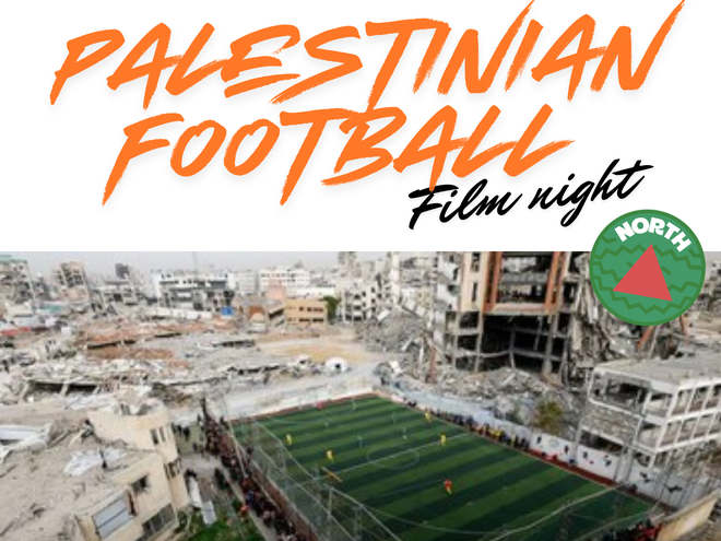 Photo of a soccer ground surrounded by rubble. Text reads Palestinian Football Film Night.