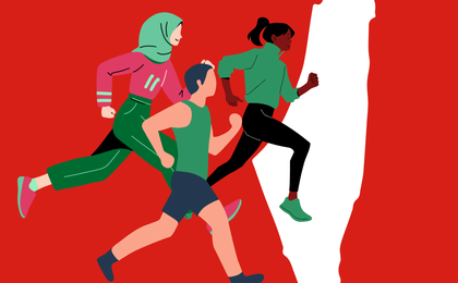illustration of people running and of the Palestinian map