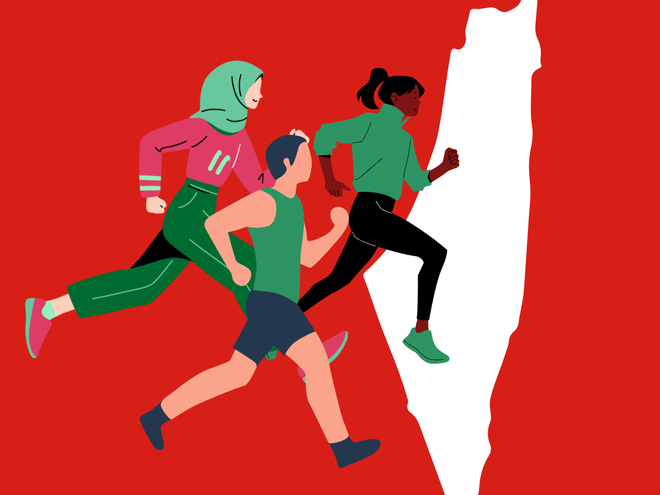 illustration of people running and of the Palestinian map