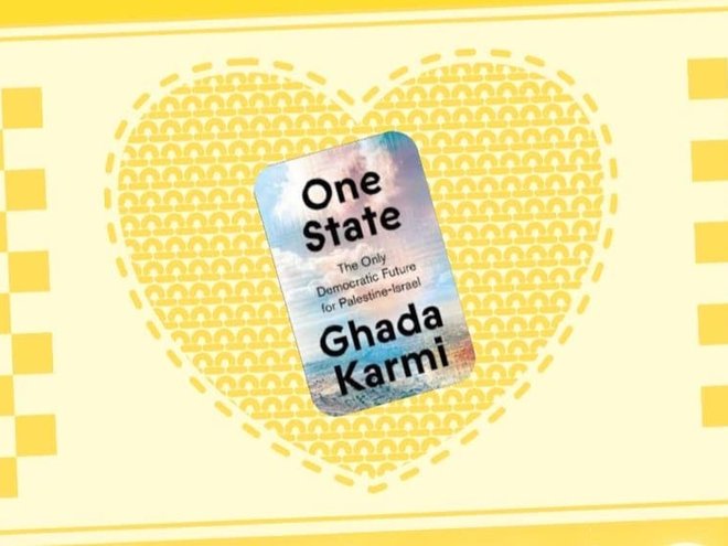 The book One State by Ghada Karmi in a yellow heart