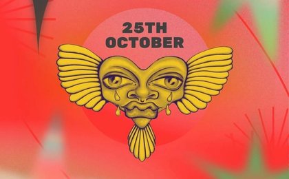 A golden heart with crying eyes and wings on red background. Text reads 25 October.