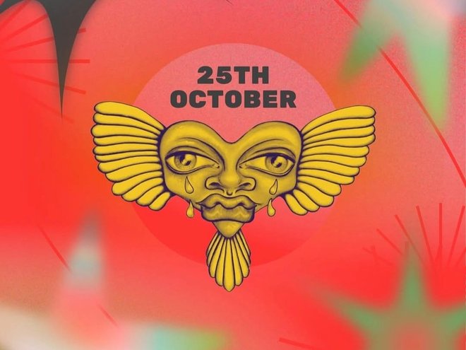 A golden heart with crying eyes and wings on red background. Text reads 25 October.