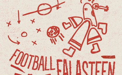 Football Falasteen, illustration of a figure kicking a ball towards a goal.
