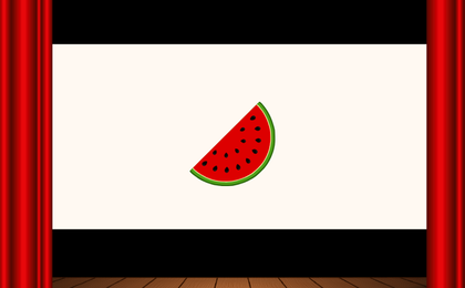 A cinema stage with courtains framing a big screen that is showing a watermelon.