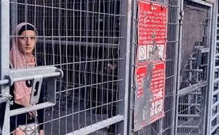 A woman wearing hijab behind bars