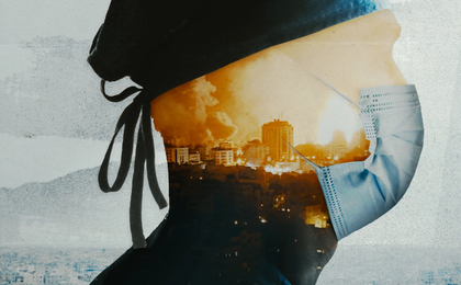 The outline of a healthcare worker wearing a face mask and doctor's cap. Inside the outline of the head is a photo of buildings being bombed. A city in ruins can be seen in the background.