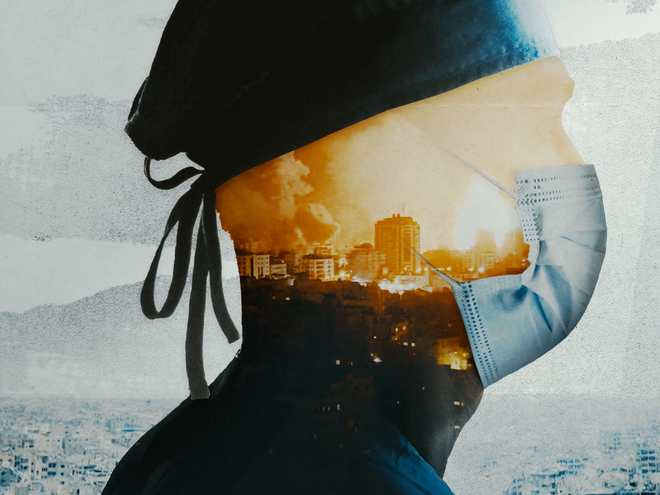 The outline of a healthcare worker wearing a face mask and doctor's cap. Inside the outline of the head is a photo of buildings being bombed. A city in ruins can be seen in the background.